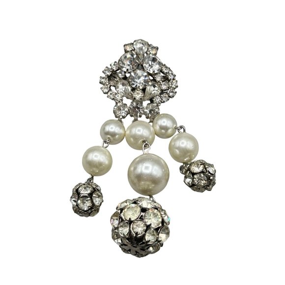Vintage Jewelry - Vintage Rhinestone & Pearls Pin Brooch Clear Glass Stones Long Dangles Statement